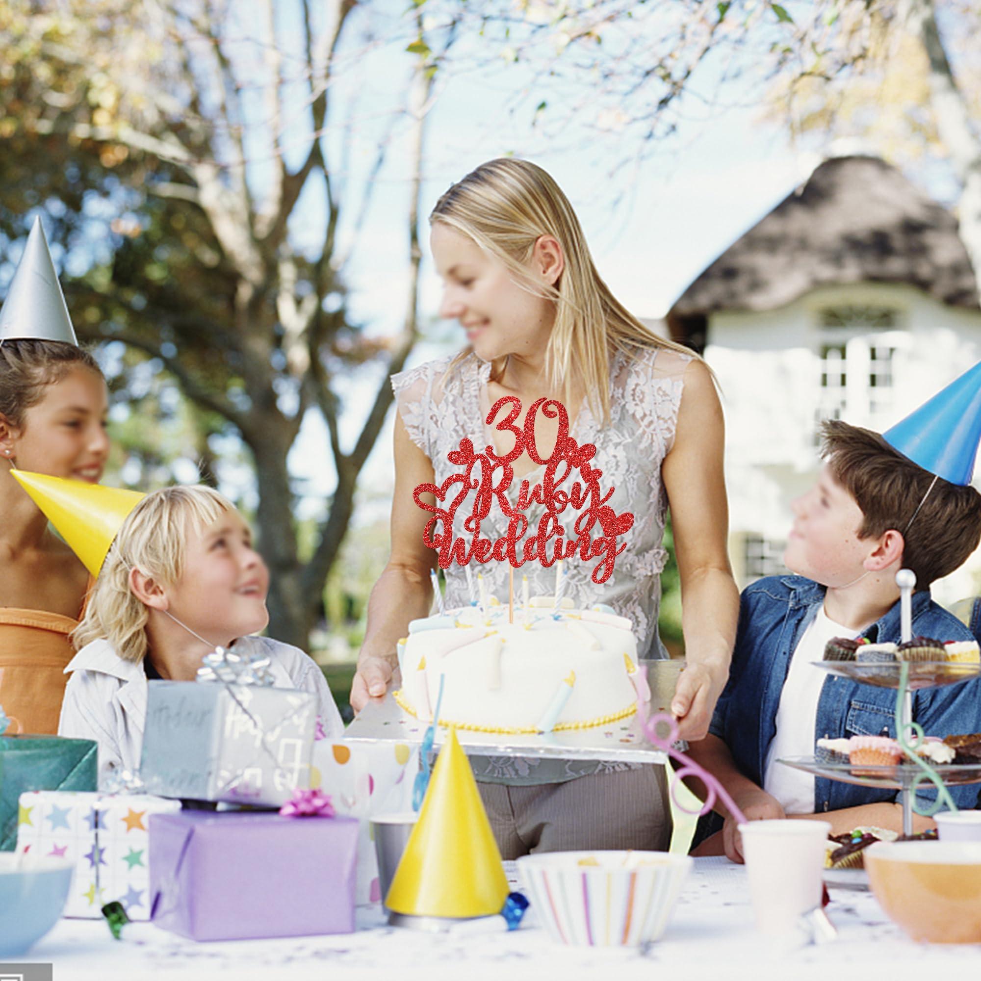 ZHUOWEISM 1 PCS 30 Ruby Wedding Cake Topper Glitter Red 30 Ruby Years Cake Pick Decoration for Happy 30th Anniversary Wedding Party Cake Decorations Supplies