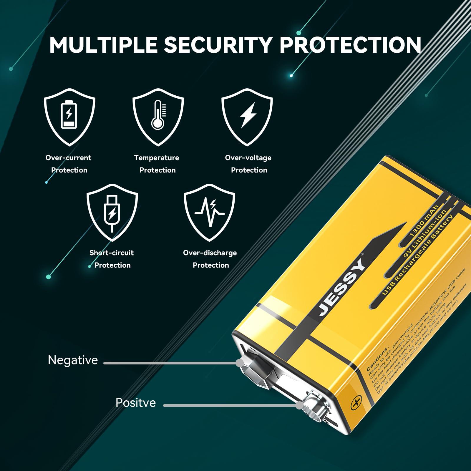 JESSY 8 Pack 9V Rechargeable Batteries USB Rechargeable, 1300mAh Long Lasting Lithium Batteries, USB-C Recharge with 4 in 1 Charging Cable for Smoke Alarms Detectors, Microphones, Alarms, Electric Guitar