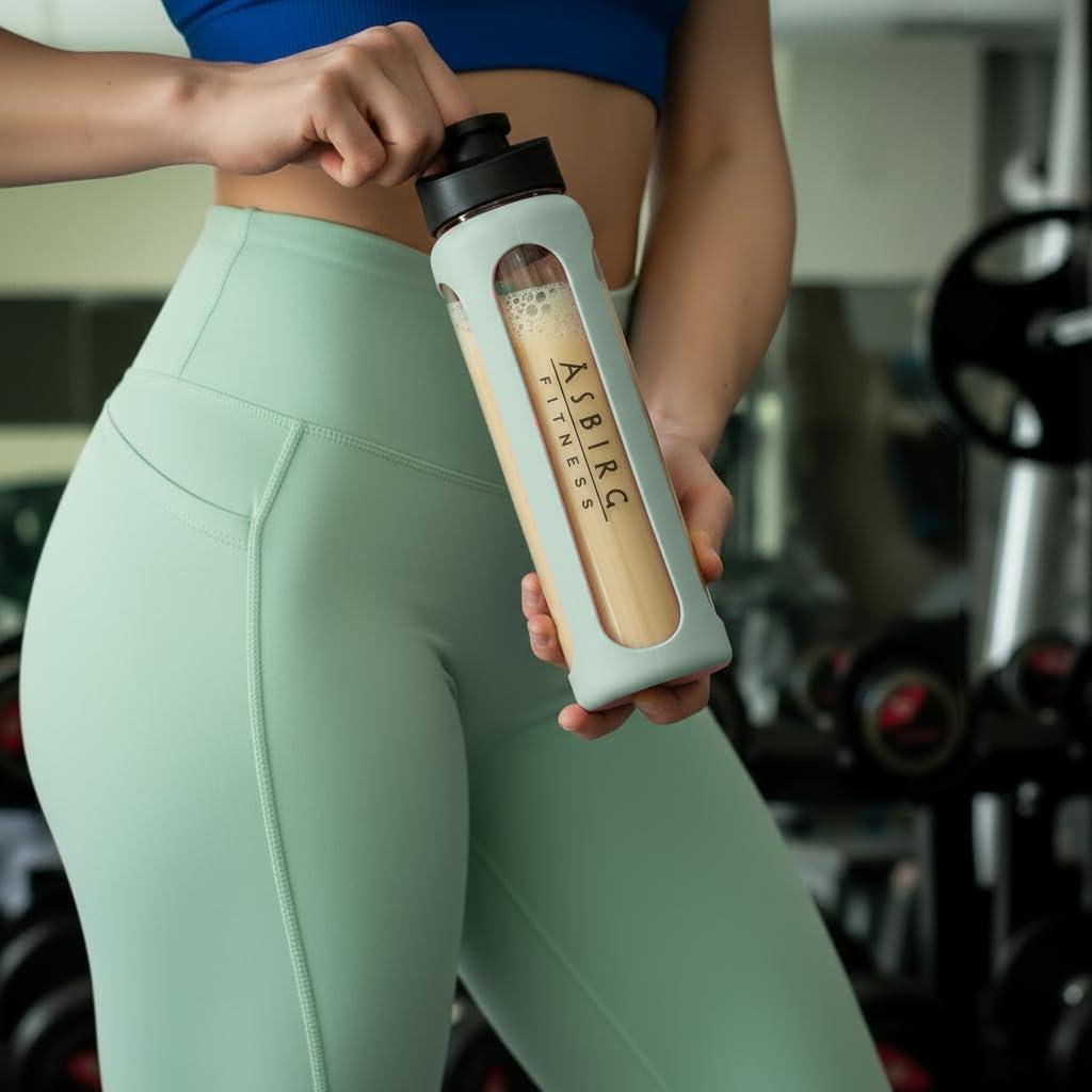 Asbirg Asbirg Fitness | Protein Shaker Made of Glass | Protein Shaker | Drinking Bottle | with Spiral Ball | Black (pastel green)