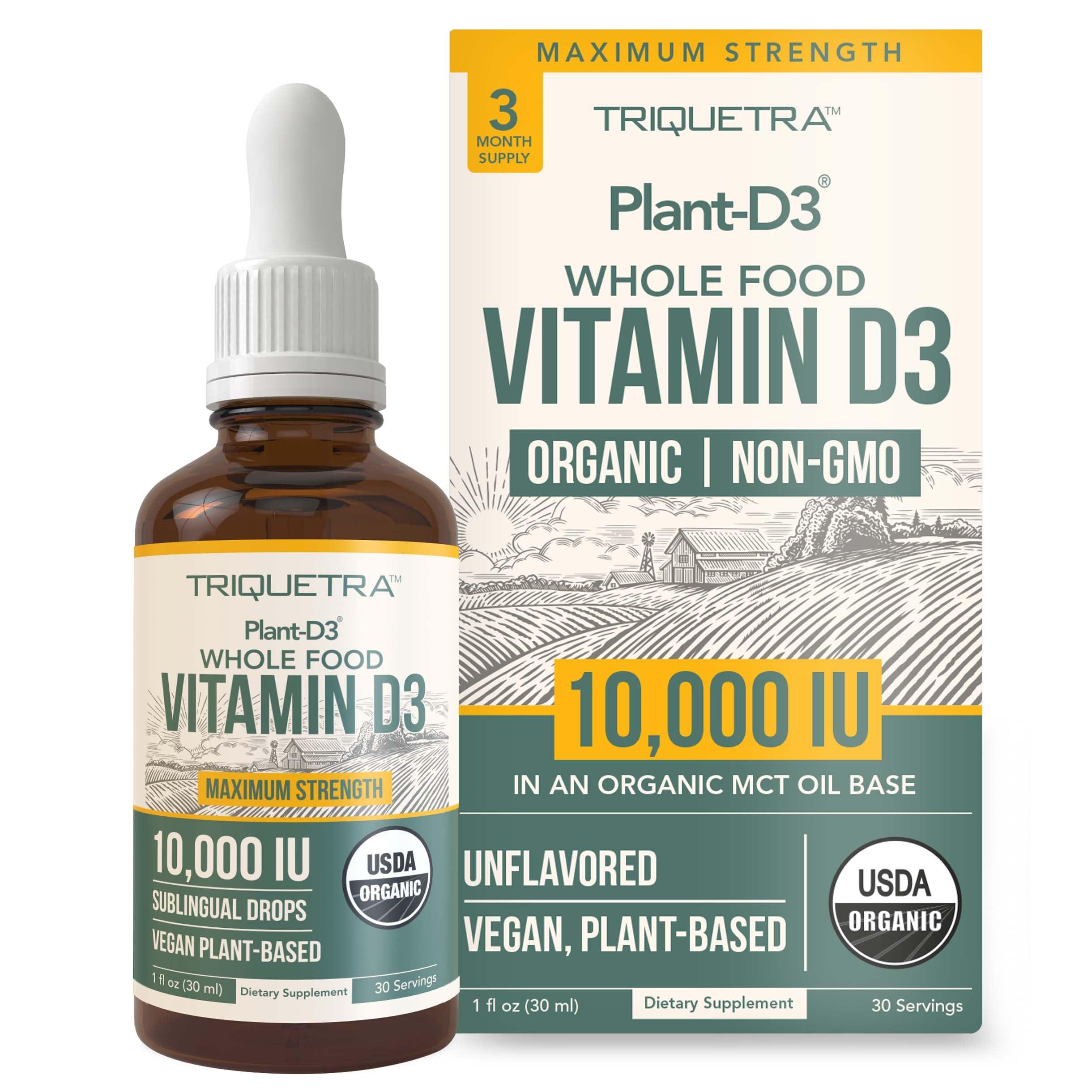 Triquetra Health Organic Vitamin D3 10,000 IU - Plant D3, Vegan, Max Strength Sublingual Liquid D3 Drops - 200% Higher Absorption, 100% Plant-Based Cholecalciferol Form & Vegan D3, Adjustable Dosing (30 Servings)