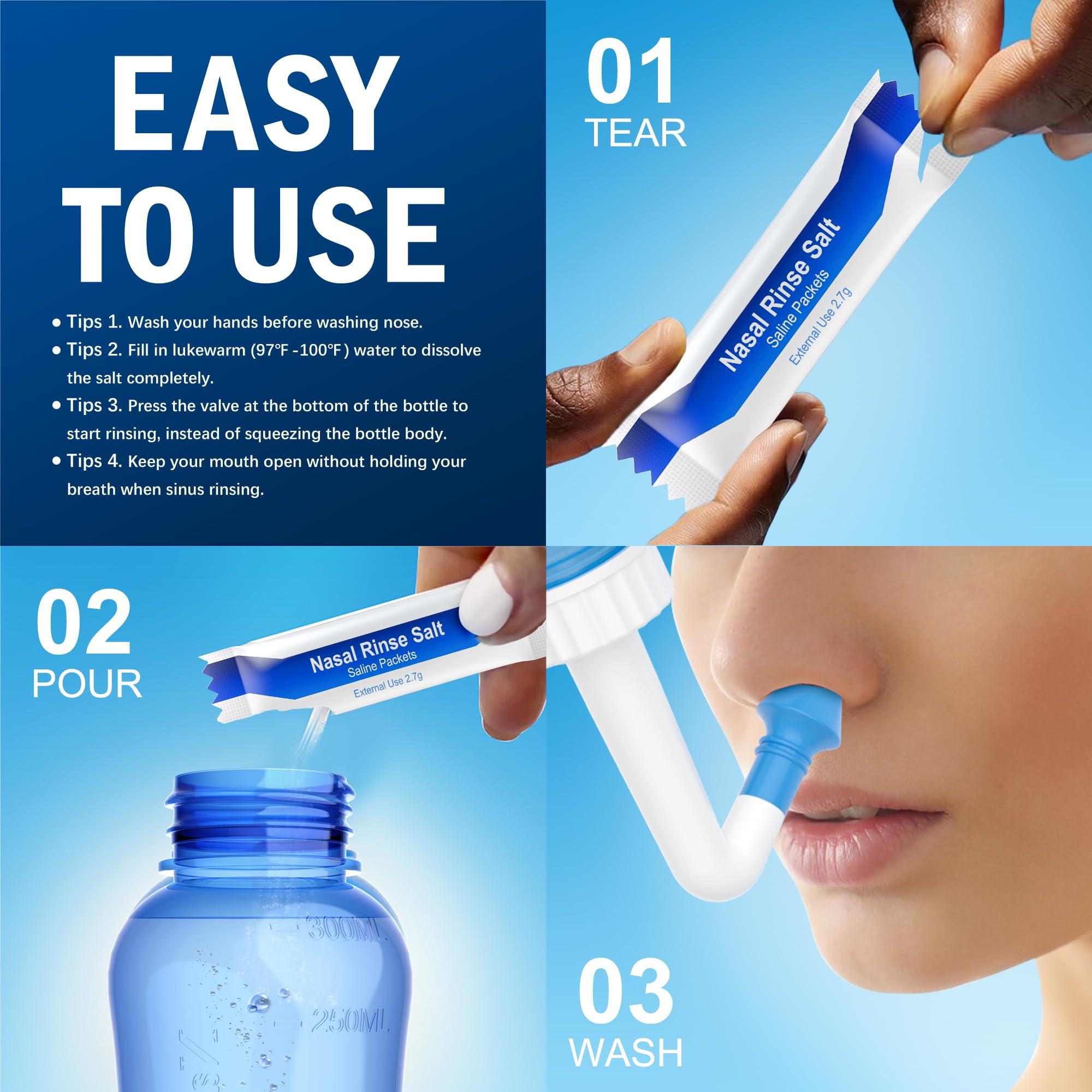 MAOEVER MAOEVER Neti Pot with 130 Nasal Wash Salt Packets Sinus Rinse Bottle Nose Wash Cleaner Pressure Rinse Nasal Irrigation for Adult & Kid BPA Free 300 ML Sticker Thermometer