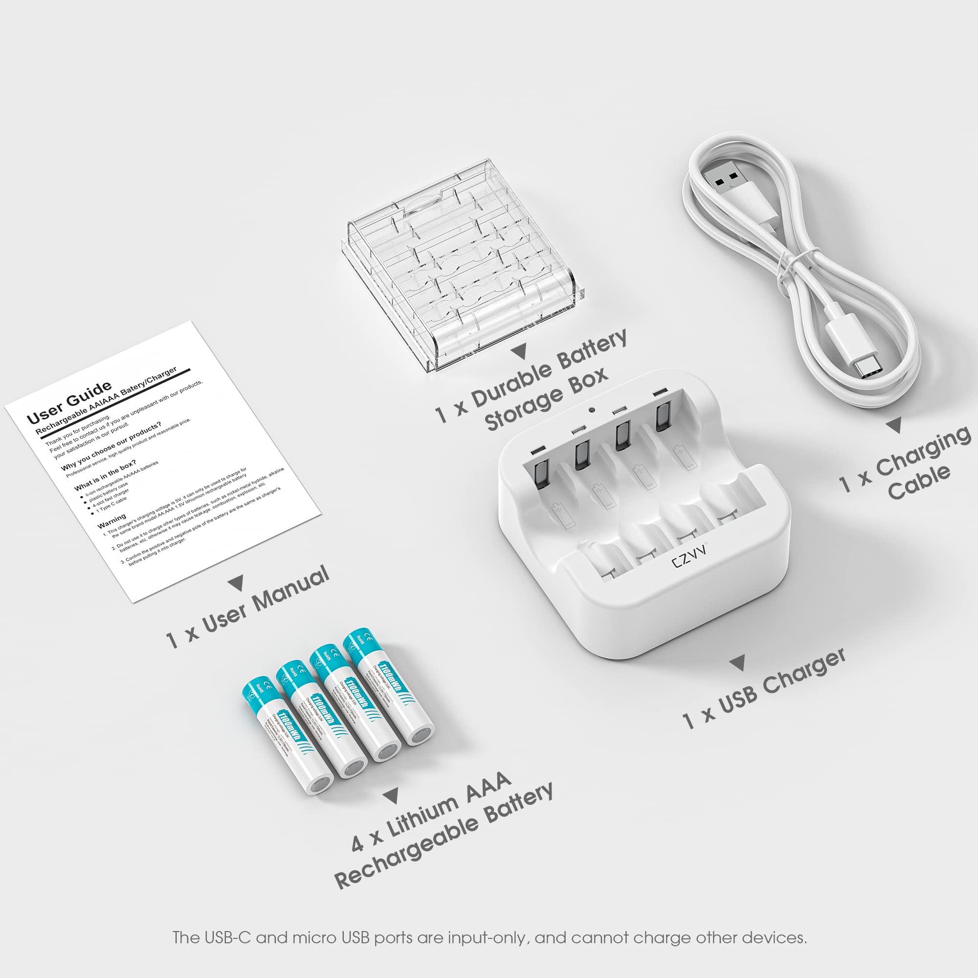czvv Rechargeable AAA Lithium 1.5V Batteries - Full-Recharged 4 Pack with 2H Ultra Fast Charger for Household Office Devices, Long-Lasting High-Capacity 1100mWh, Cycle Times up to 1300x, Constant Output