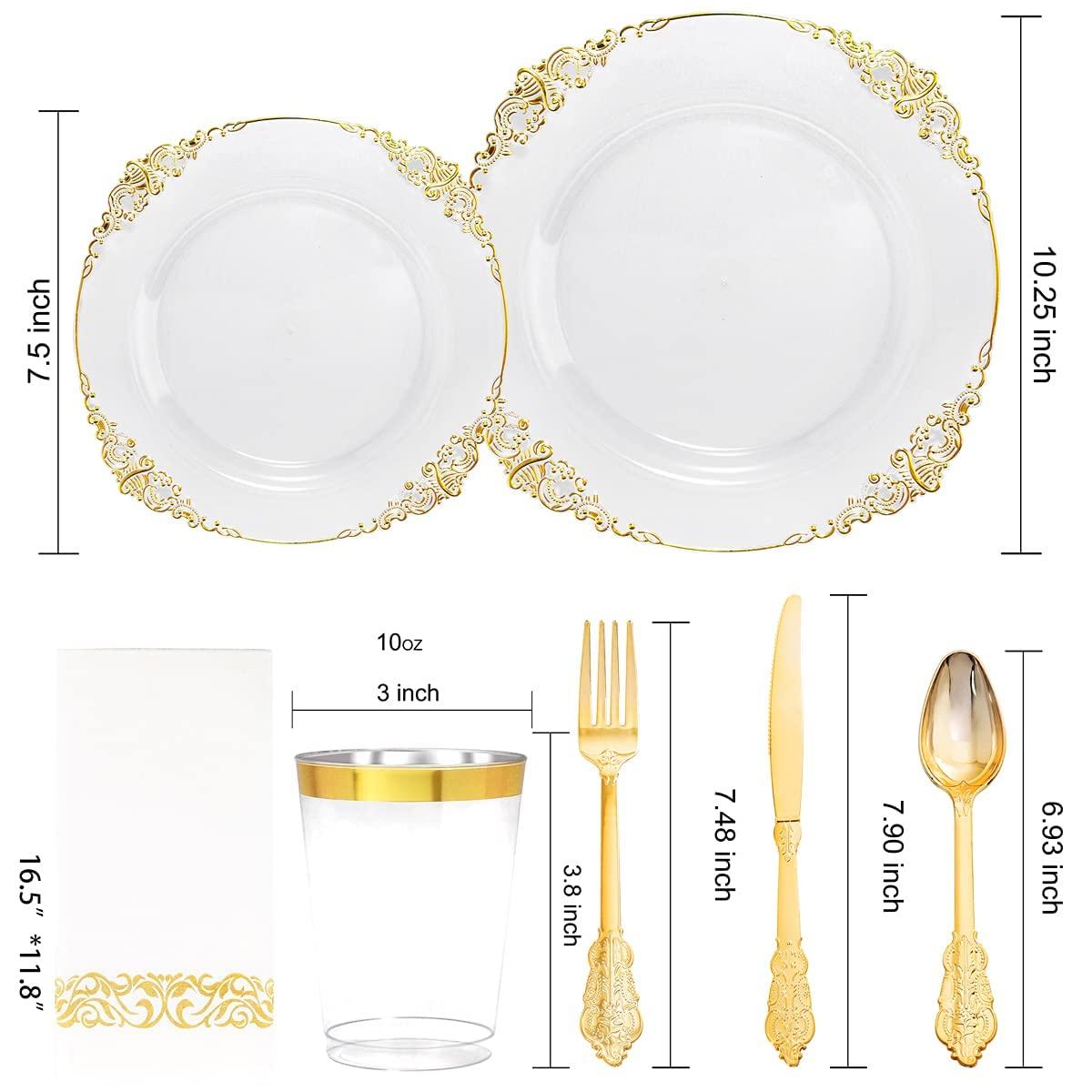 Nervure Nervure 175PCS White and Gold Plastic Plates 175PCS Clear Gold Plastic Plates