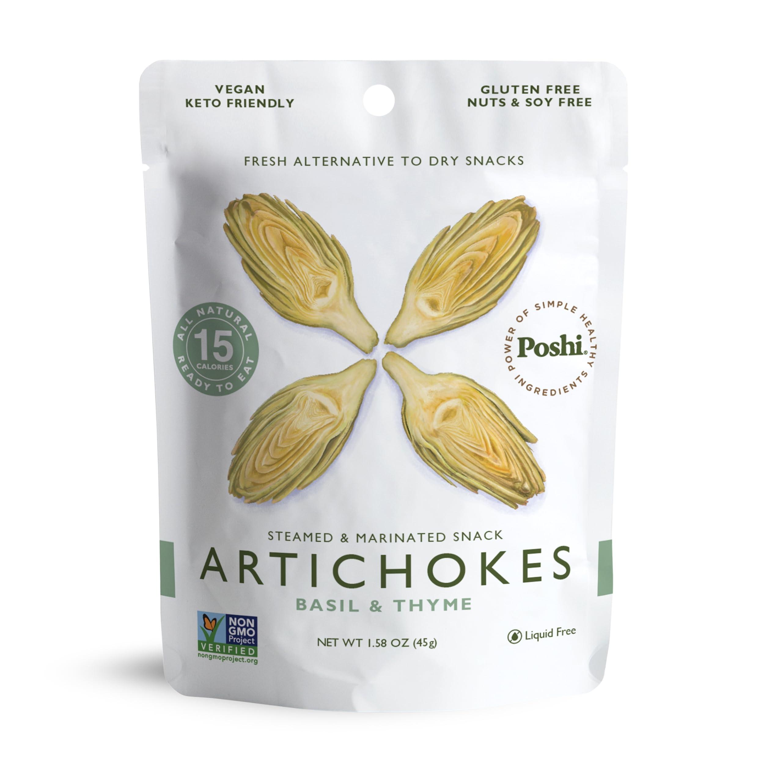 Poshi POSHI Marinated Artichoke Hearts Snack Pack | Basil + Thyme | Keto, Vegan, Paleo, Non GMO, Low Carb + Calorie, Gluten Free, Fully Cooked Vegetables, Gourmet, Healthy, All Natural (10 Pack, 1.58 oz)