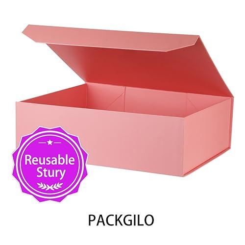 PACKGILO PACKGILO 3 Pcs Matte Pink Extra Large Gift Box with Lid, 19x16x6 Inches, Hard Magnetic Giant Gift Boxes for Presents Clothes Robe Wedding Dress Sweater,Reusable Foldable Bridesmaid Proposal Box