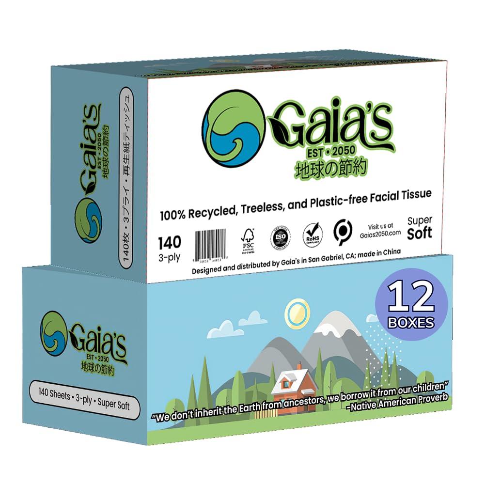 GAIA\'S Gaias Premium 3 Ply Facial Tissues, Strong and Soft, 140 Sheets (1680 Sheets - 12 Pack) Made From Recycled Paper, Zero Plastic Packaging, Eco-Friendly, Sustainable, Non-Lotion Bulk Pack