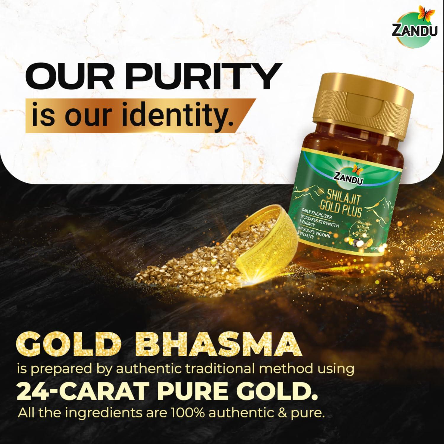 Zandu Zandu Shilajit Gold Plus| Scientifically tested advanced formula| Made using 100% Pure Himalayan Shilajit, Gold & 9 Ayurvedic herbs |Enhances strength, stamina, vigour, vitality and power | 20 Caps