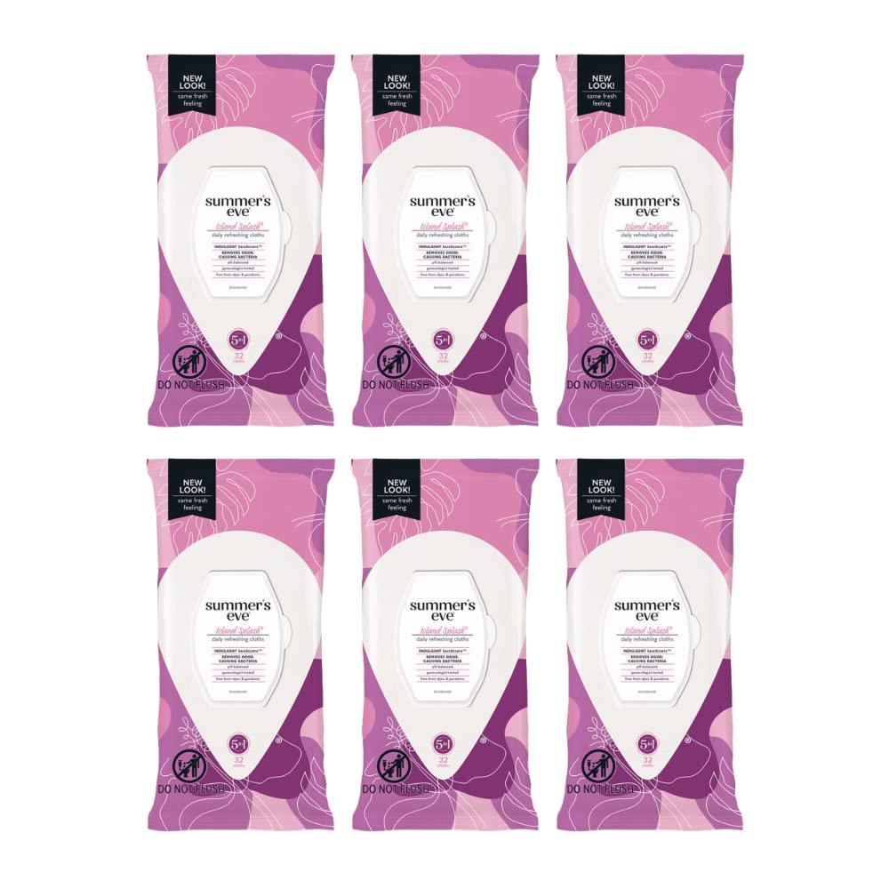Summer\'s Eve Summers Eve Island Splash Refreshing Daily Feminine Wipes, Removes Odor, pH balanced 32 Count (Pack of 6)
