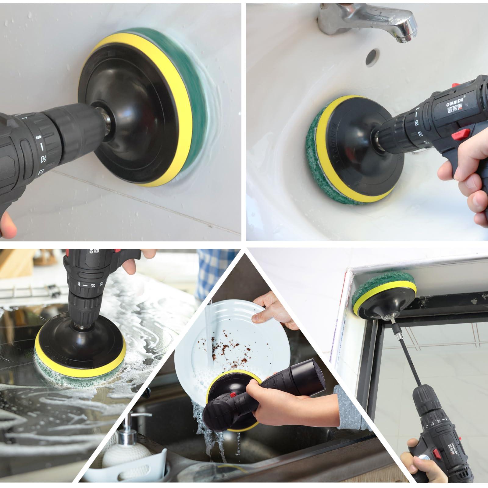 GOH DODD Power Scrub Pads Drill Attachment, GOH DODD 15 Pieces 5 Inch Headlight Restoration Kit Cleaning Kit Scouring Pads with Baker and Universal Shaft for Kitchen, Bathroom, Grout, Carpet, Tub, Grill, Tile