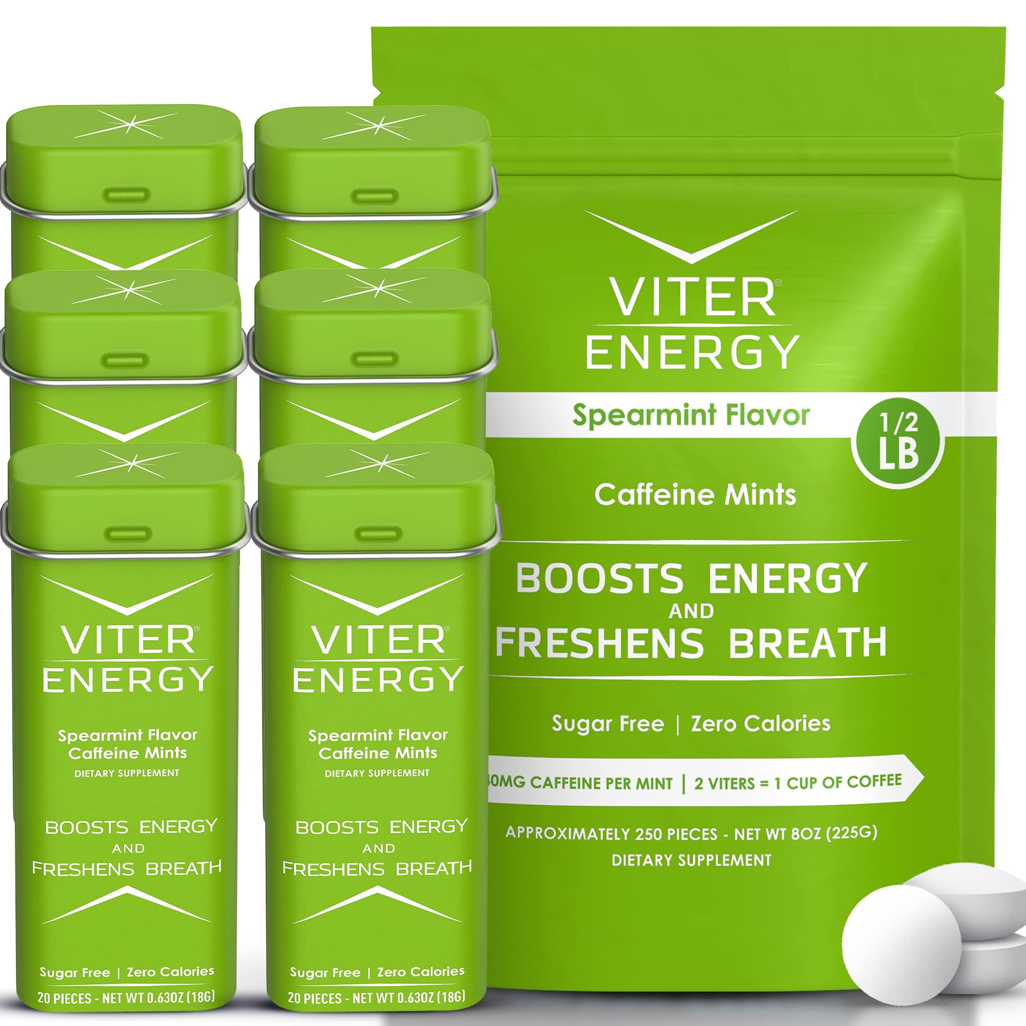 Viter Energy Viter Energy Original Caffeine Mints Spearmint Flavor 6 Pack and 1/2 Pound Bulk Bag Bundle - 40mg Caffeine, B Vitamins, Sugar Free, Vegan, Powerful Energy Booster for Focus and Alertness