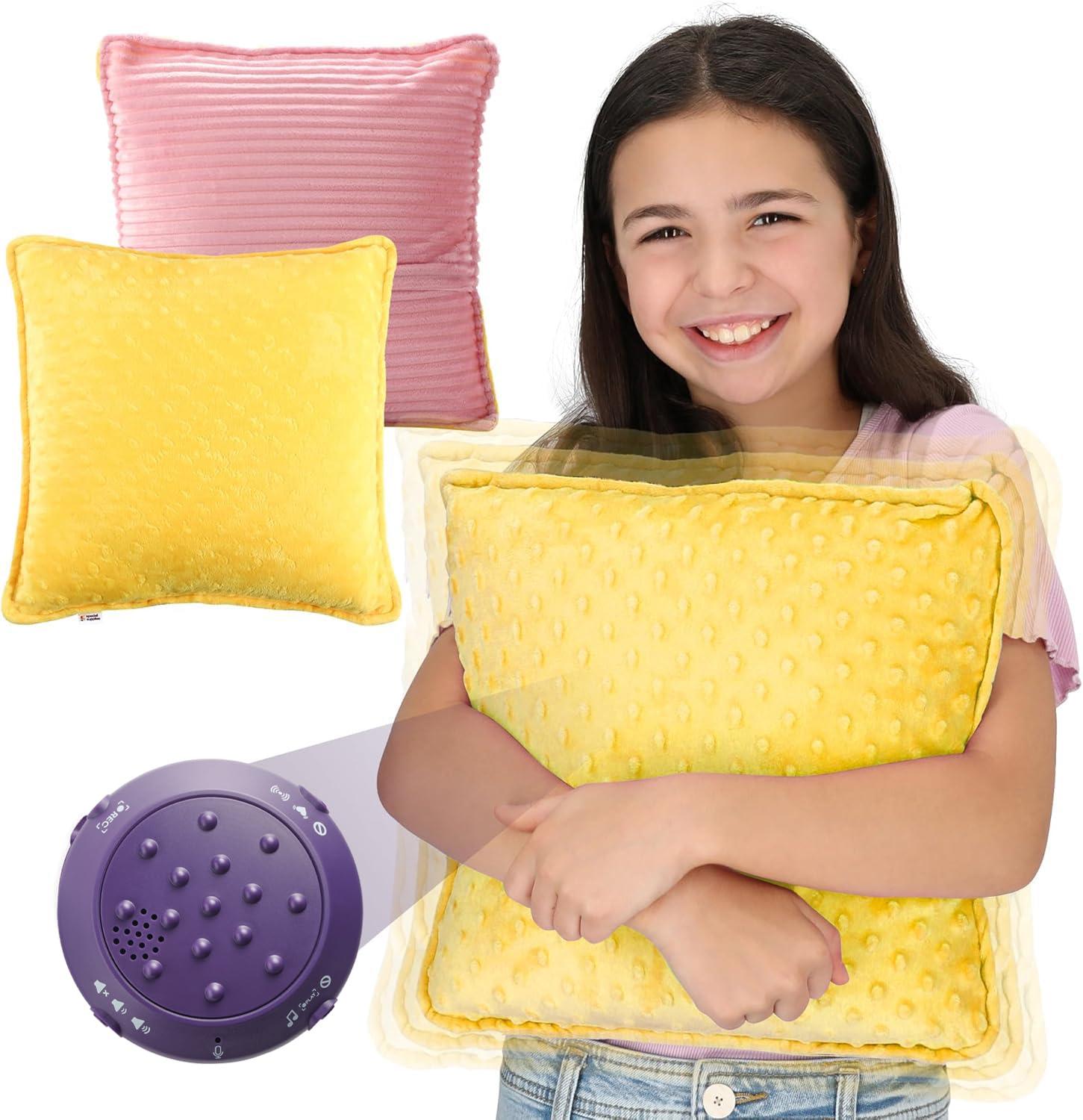 Special Supplies Special Supplies Vibrating Pillow Sensory Pressure Activated for Kids and Adults, 12 x 12 Plush Minky Soft Cover with Textured Therapy Stimulation Bumps, Pink and Yellow