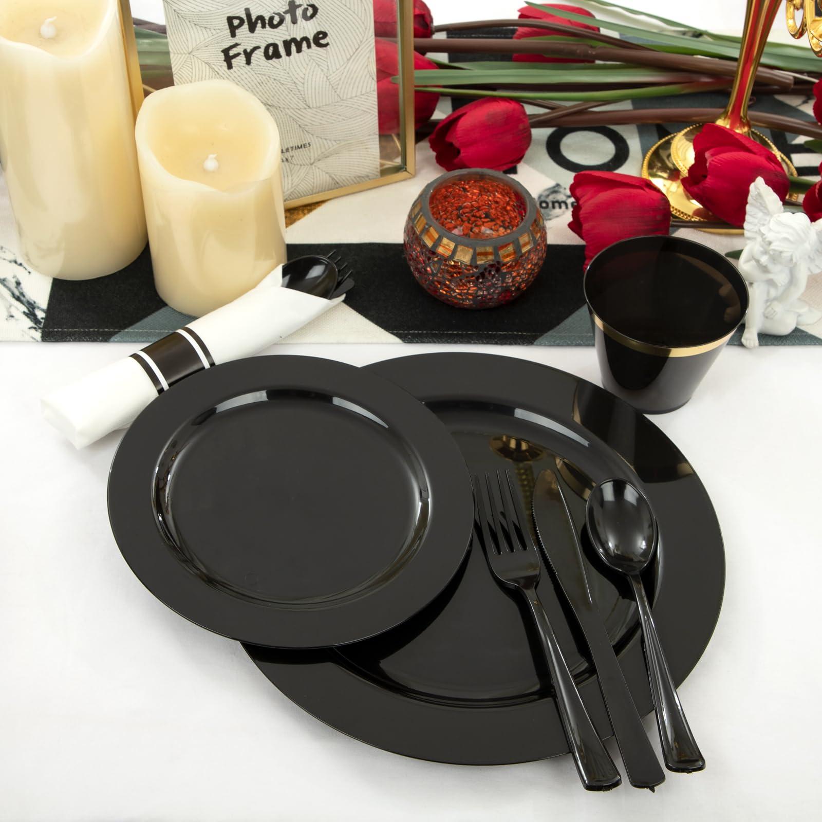 ejonirinjonir EI 350pcs Black Plastic Plates,Black Plastic Dinnerware,Pre Rolled Plastic Silverware Black,Black and Gold Cups, Black Cups and Plates for Party Suit for Halloween, Thanksgiving, Christmas