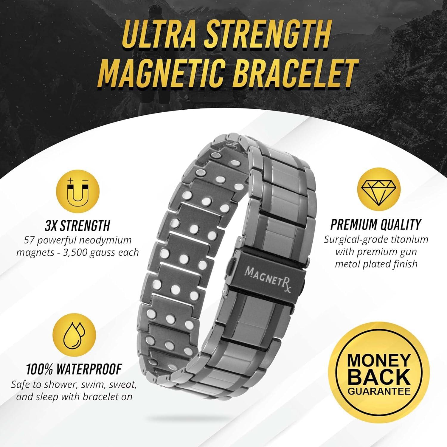 MagnetRX MagnetRX 3X Strength Magnetic Bracelets for Men Effective Magnetic Mens Titanium Bracelet Premium Fold-Over Clasp & Adjustable Length with Sizing Tool & Gift Box (Gunmetal)