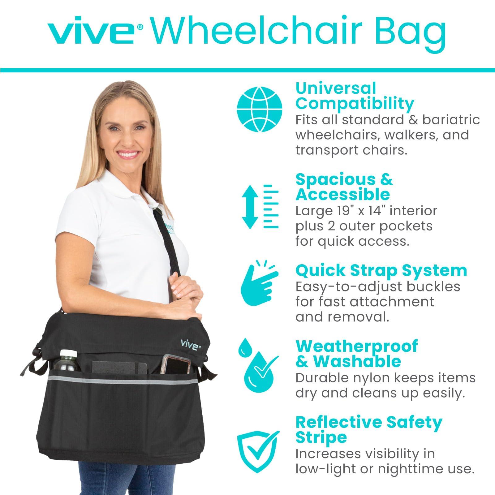 Vive Vive XL Wheelchair Bag - Waterproof, Scratch-Resistant, Double-Stitched, Machine Washable Accessory for Adults, Seniors, 15 Colors - Storage Walker Backpack to Hang on Back of Wheel Chair