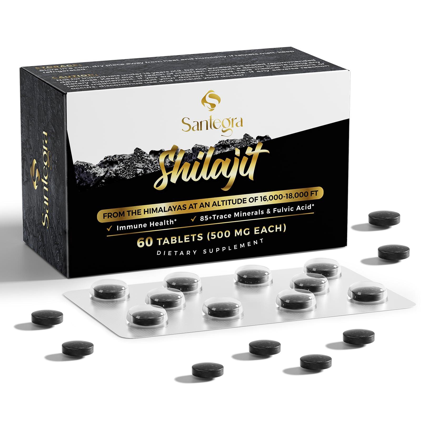 Santegra 30,000 MG Shilajit Tablets, 100% Shilajit Pure Tablets 60 Counts - Shilajit Himalayan Organic Rich in Fulvic Acid & 85+ Trace Minerals, Shilajit Resin Supplement for Energy & Immune System