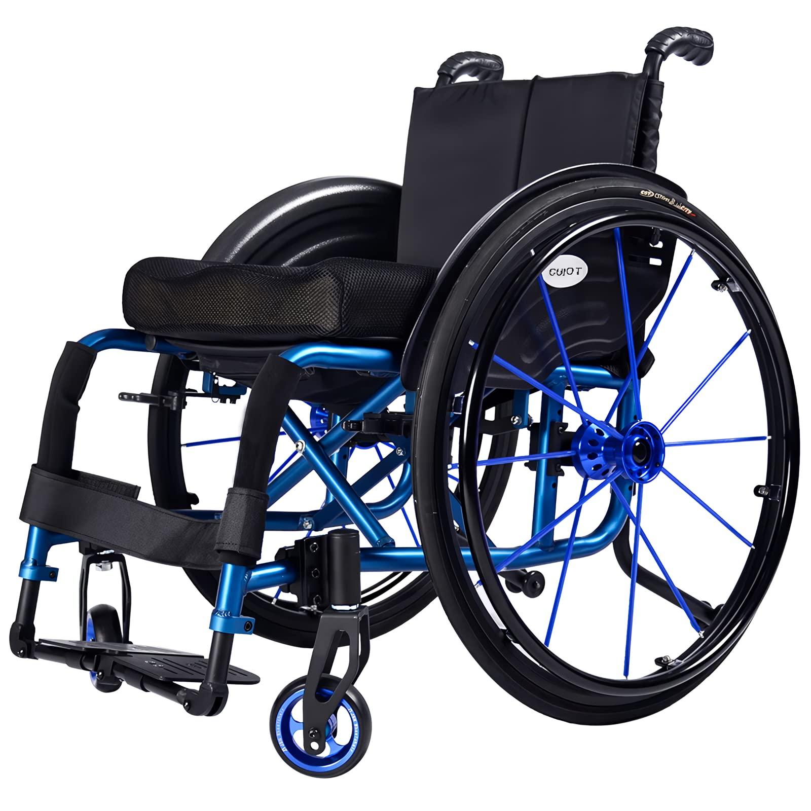 CUIOT Sports Wheelchair - Lightweight Folding Transport Wheelchairs with Adjustable Footrest And Seat Height, Aluminum Alloy Sports Leisure Racing Chair with Anti-Tipper for Disabled, 24" Rear Wheels,Blue,S