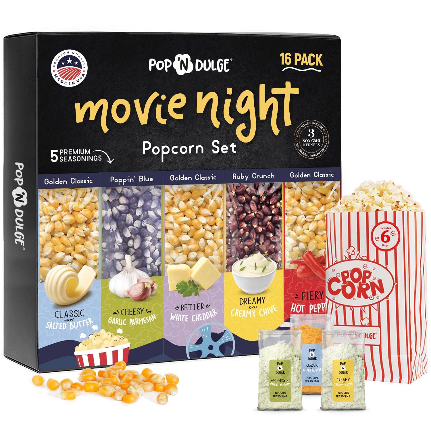 Pop n' Dulge Popcorn Movie Night Supplies Popcorn Kernels Popcorn Seasoning 16 Pack, 5 Gourmet Popcorn Kernels, 5 Popcorn Seasoning Variety Packs Non-GMO Snacks, Includes 6 Bags, Gift Basket Idea