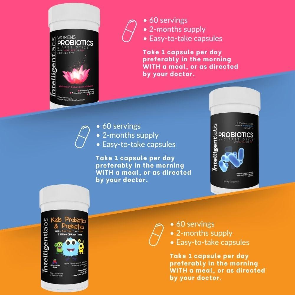 Intelligent Labs Intelligent Labs 3-in-1 Probiotics with Prebiotics Bundle for The Whole Family: Kids + Adult 50 Billion CFU + Womens Probiotics, No Refrigeration Needed, 2 Months Supply Per Bottle