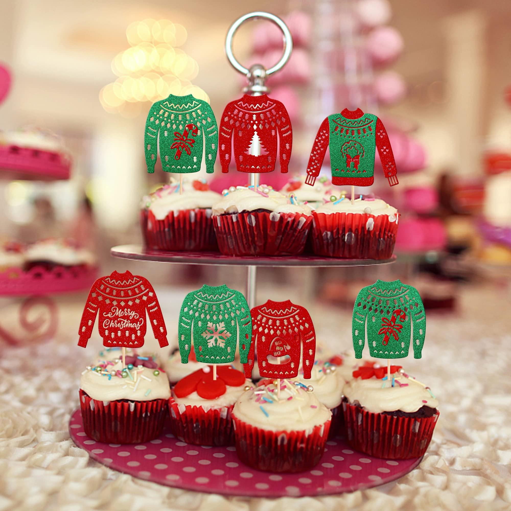 ZHUOWEISM 36 PCS Christmas Ugly Sweater Cupcake Toppers Green Red Glitter Santa Claus Gifts Christmas Tree Deer Snowflake Cupcake Picks for Merry Christmas Theme Holiday Party Cake Decorations Supplies
