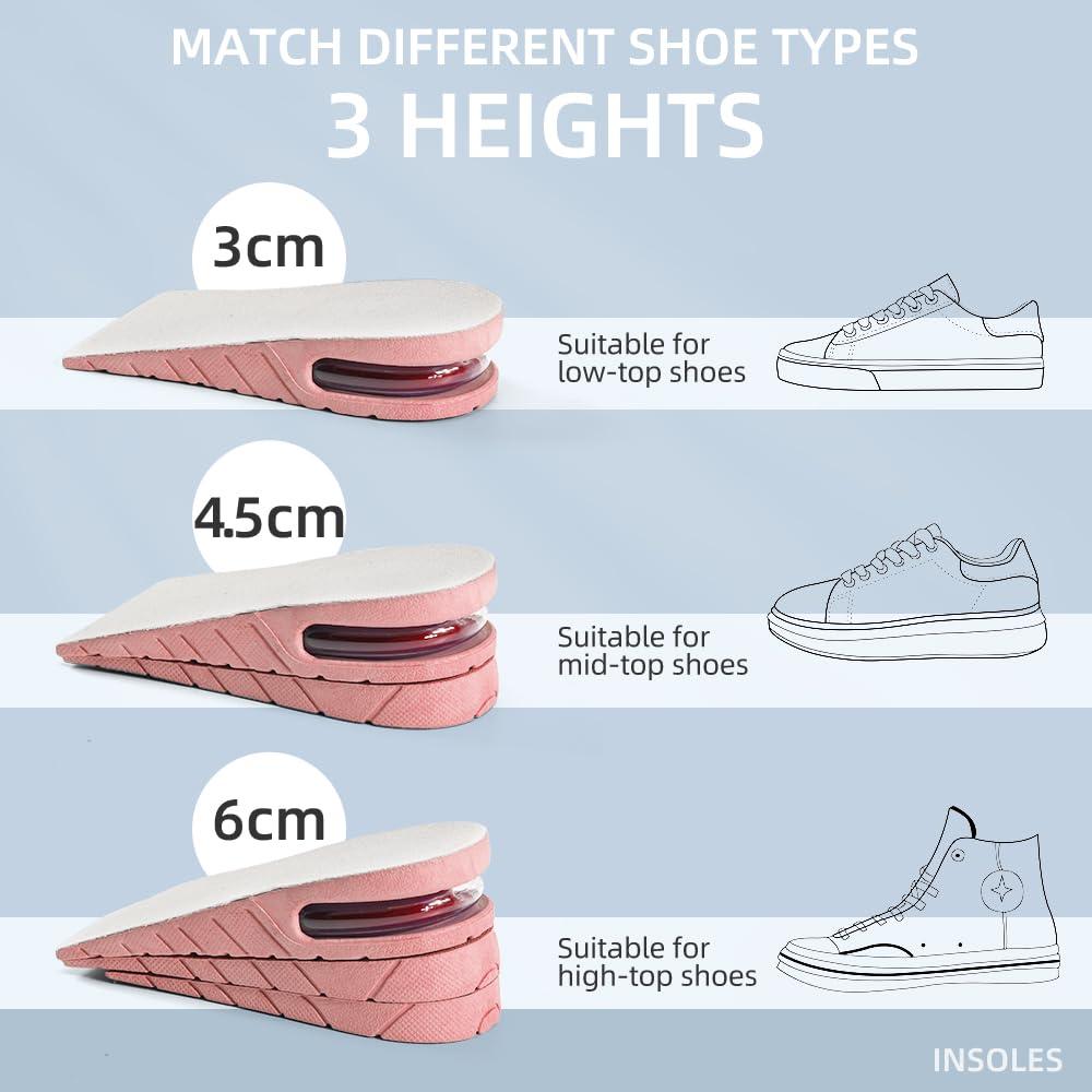 XINIFOOT Height Increase Insole 3-Layer Air Cushion Heel Insert Lift Shoes Insole for Men and Women Invisible Elevator Adjustable Insoles (Half Pad, Pink)
