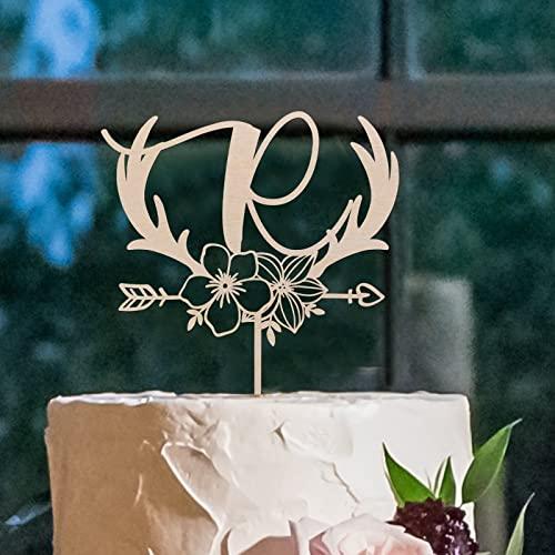 Vinisong Vinisong Personalized Initials Cake Topper Wreath Letter R Cake Topper Wood Monogram Cake Topper Rustic Wedding Cake Topper Birthday Cake Decoration(Design 01,R)