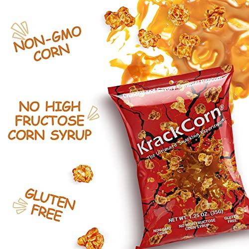 KrackCorn KrackCorn Caramel Popcorn. Award Winning Small Batch Caramel Corn Popcorn Unlike Anything You Have Tried Before! Caramel Flavored Popcorn for Movie Night or Game Night. Tasty Sweet and Salty Popcorn. Non GMO. Gluten Free Snacks. 1.25oz (Pack of 12)
