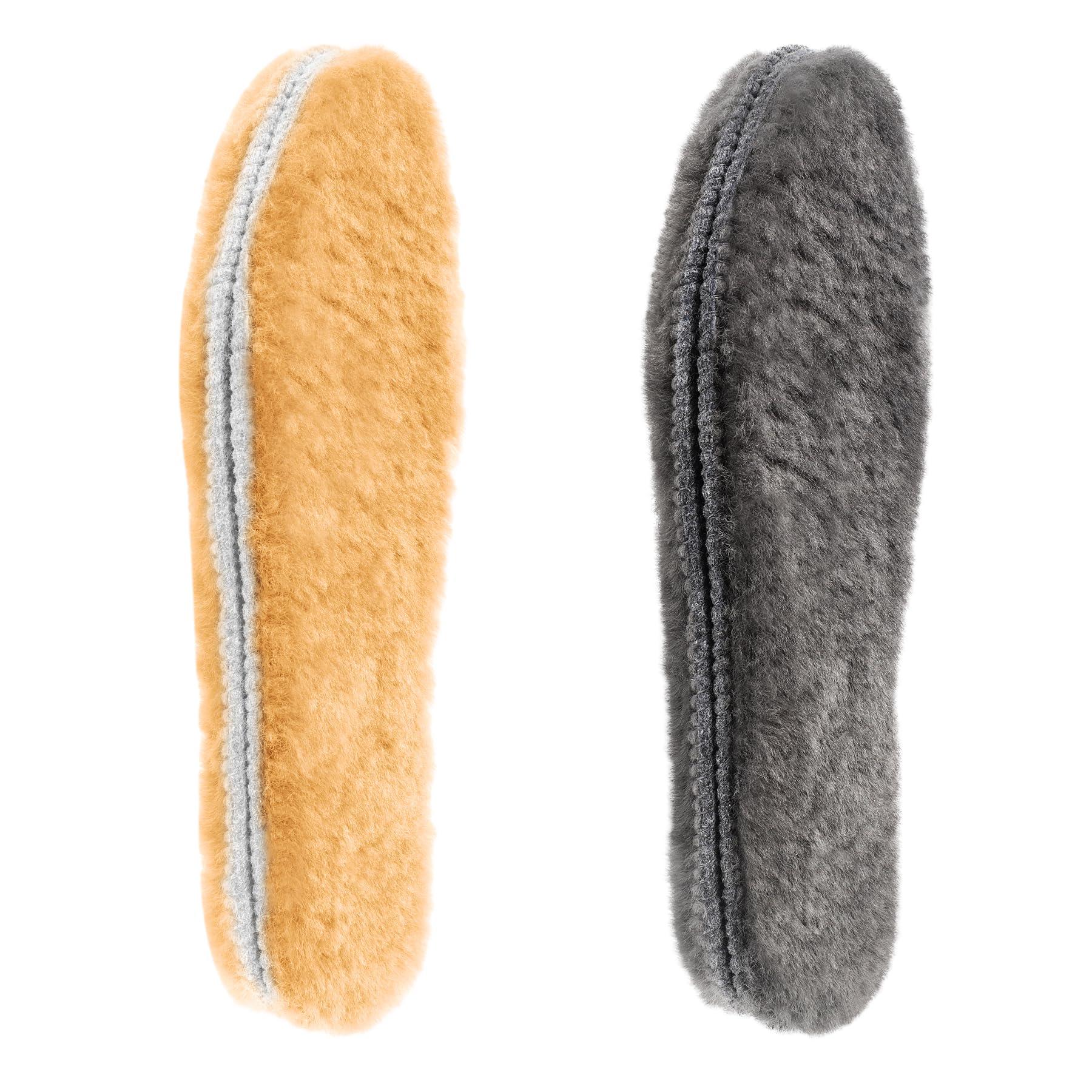 LARGERED LARGERED 2 Pairs Sheepskin Insoles 17MM Thick Winter Warm Wool Insole, Fluffy Fleece Inserts Lambswool Replacement Soles for Men and Women Boots Shoes Slippers Cream+Grey EU44/11US