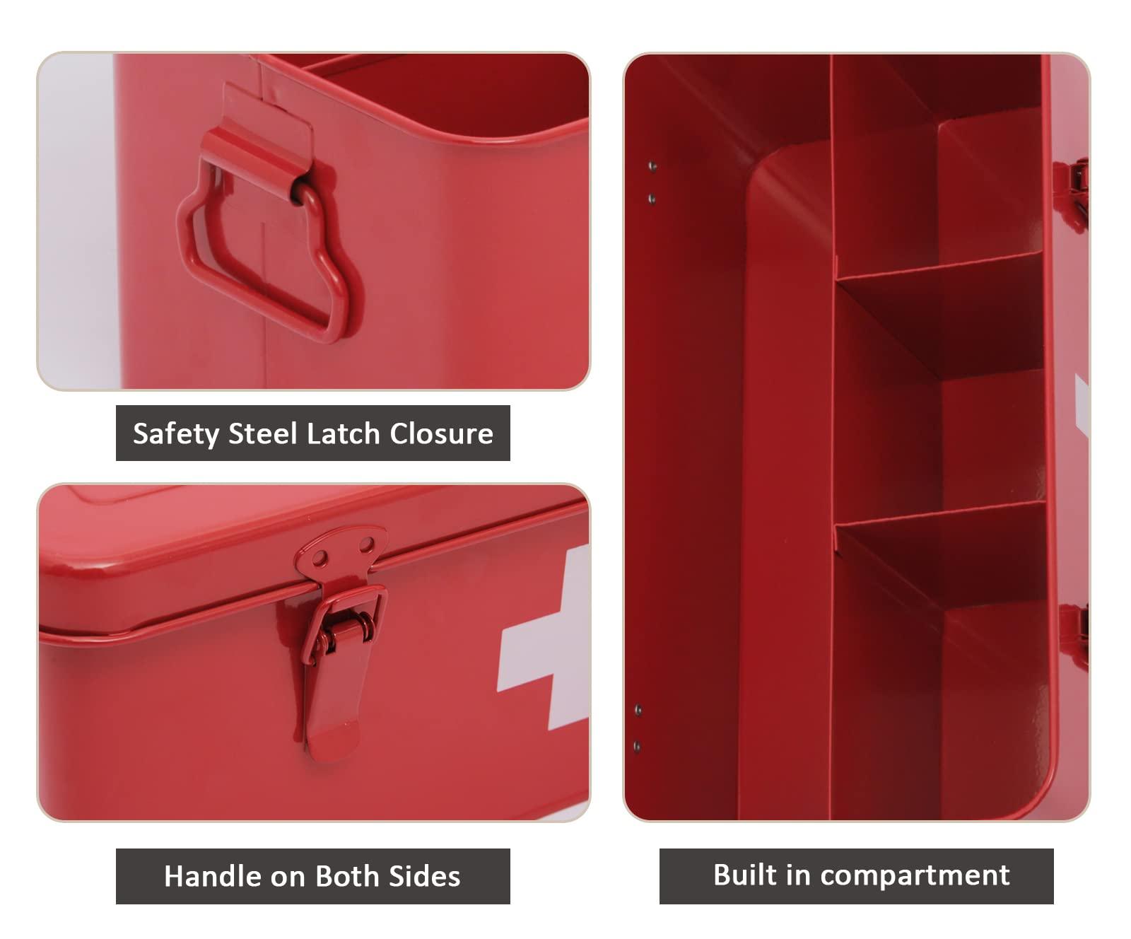 Xbopetda Xbopetda First Aid Medicine Box, First Aid Kit Supplies Bin, Metal Medicine Storage Tin, First Aid Empty Box with Safety Lock for Home Emergency Tool Set-Red