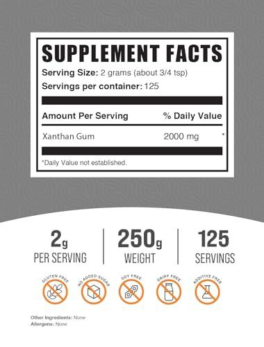 BULKSUPPLEMENTS.COM BulkSupplements.com Xanthan Gum Powder - Xanthan Gum Thickener, Xanthan Gum for Baking - Xanthan Gum Gluten Free, Food Grade, 2g per Serving, 250g (8.8 oz) (Pack of 1)