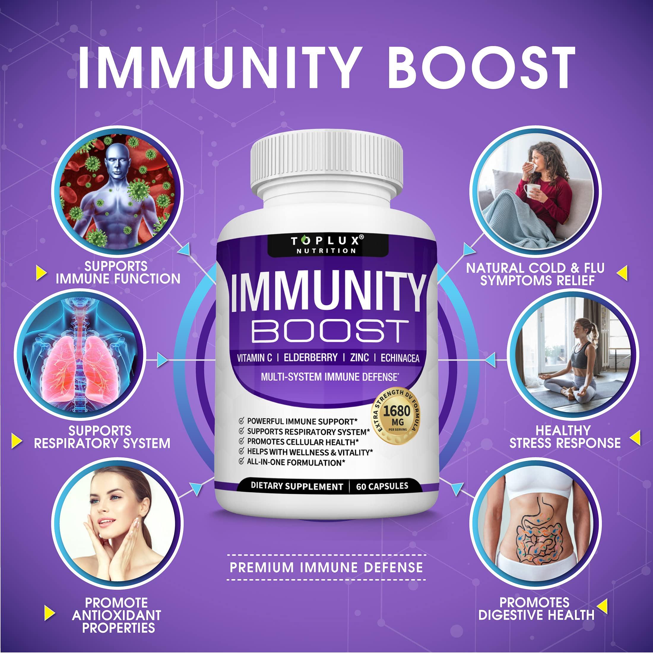 Toplux 10 in 1 Immunity Boost Immune Support Supplement – 1650mg Made with Elderberry, Vitamin C, Zinc, Echinacea & Probiotics for Immune System Booster, Support Healthy Respiratory System, 2x 60 Capsule