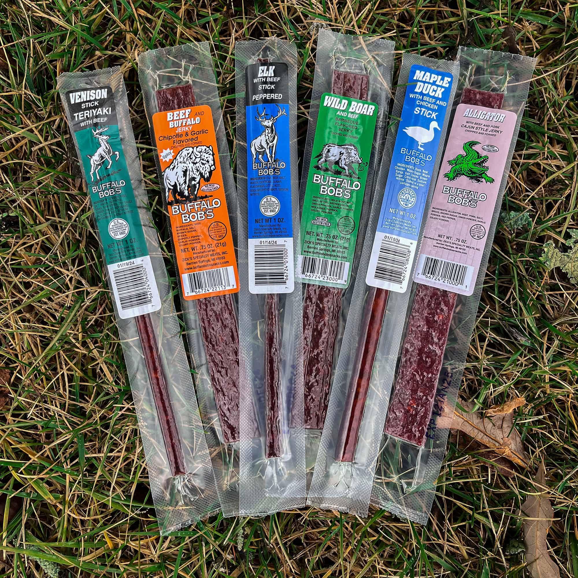 Jerky-n-Spice Buffalo Bob\'s Wild Game Exotic Snacks (6 Pack), Beef Jerky Sampler Gift Pack for Men, Jerky Variety Gift Set, Jerky Snack Box, Meat Gifts for Men, Bison Jerky for Humans, Jerky Packs, Keto Gifts
