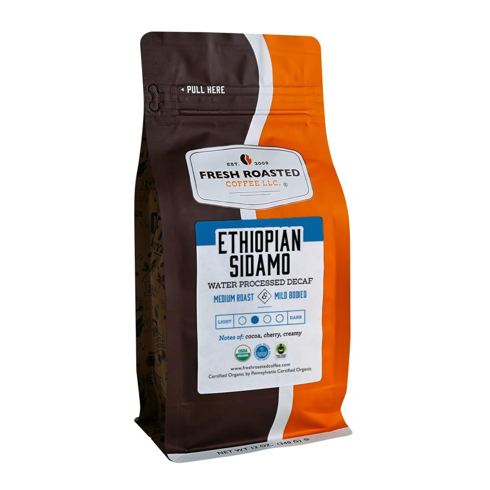 Fresh Roasted Coffee Fresh Roasted Coffee, Fair Trade Organic Ethiopian Sidamo Water Decaf, 12 oz, Kosher, Medium Roast, Ground