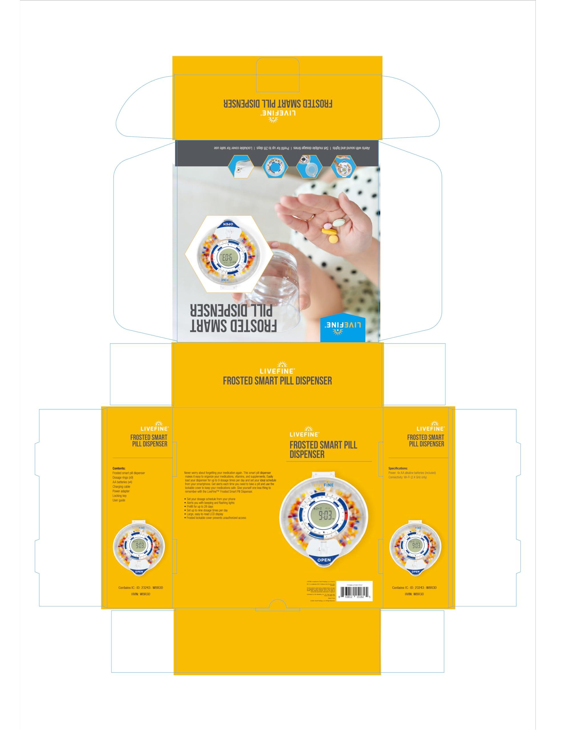 Live Fine LiveFine Smart WiFi Automatic Pill Dispenser | 28-Day Medication Organizer Up to 9 Doses Per Day for Care Monitoring with Locking Key, Adjustable Light/Sound Alarms for Prescriptions & Vitamins