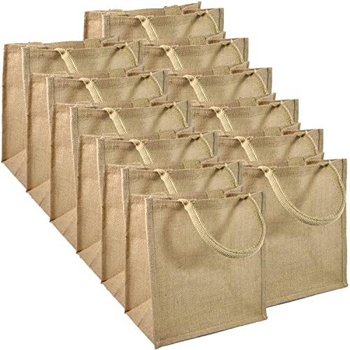 TBF 12-Pack Heavy Duty Sturdy Jute Burlap Tote Bags with Handles Reusable Grocery Shopping Bags Blank Fabric for DIY, Crafts (Medium: 12\" x 12\" x 7.75\")