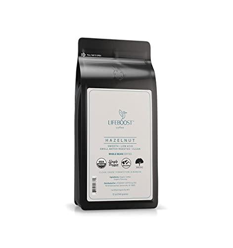 LIFEBOOST Lifeboost Coffee Whole Bean Hazelnut Coffee - Low Acid Single Origin Non-GMO Organic Coffee Beans - Third Party Tested For Mycotoxins & Pesticides - 12 Ounces