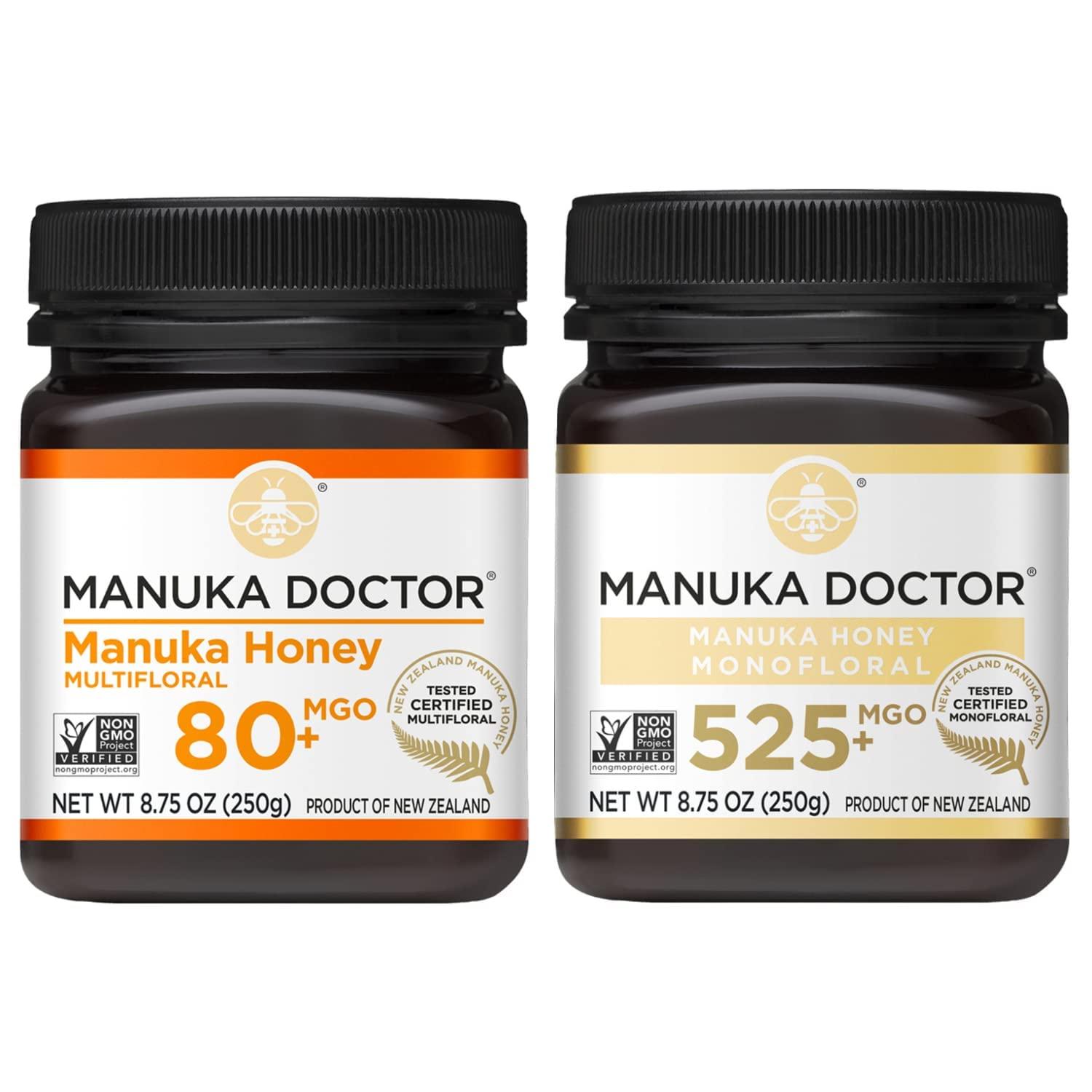 Manuka Doctor MANUKA DOCTOR - Manuka Honey MGO 80+ Multifloral & MGO 525+ Monofloral Value Bundle, 100% Pure New Zealand Honey. Certified. Guaranteed. RAW. Non-GMO, 2 x 8.75oz Pots