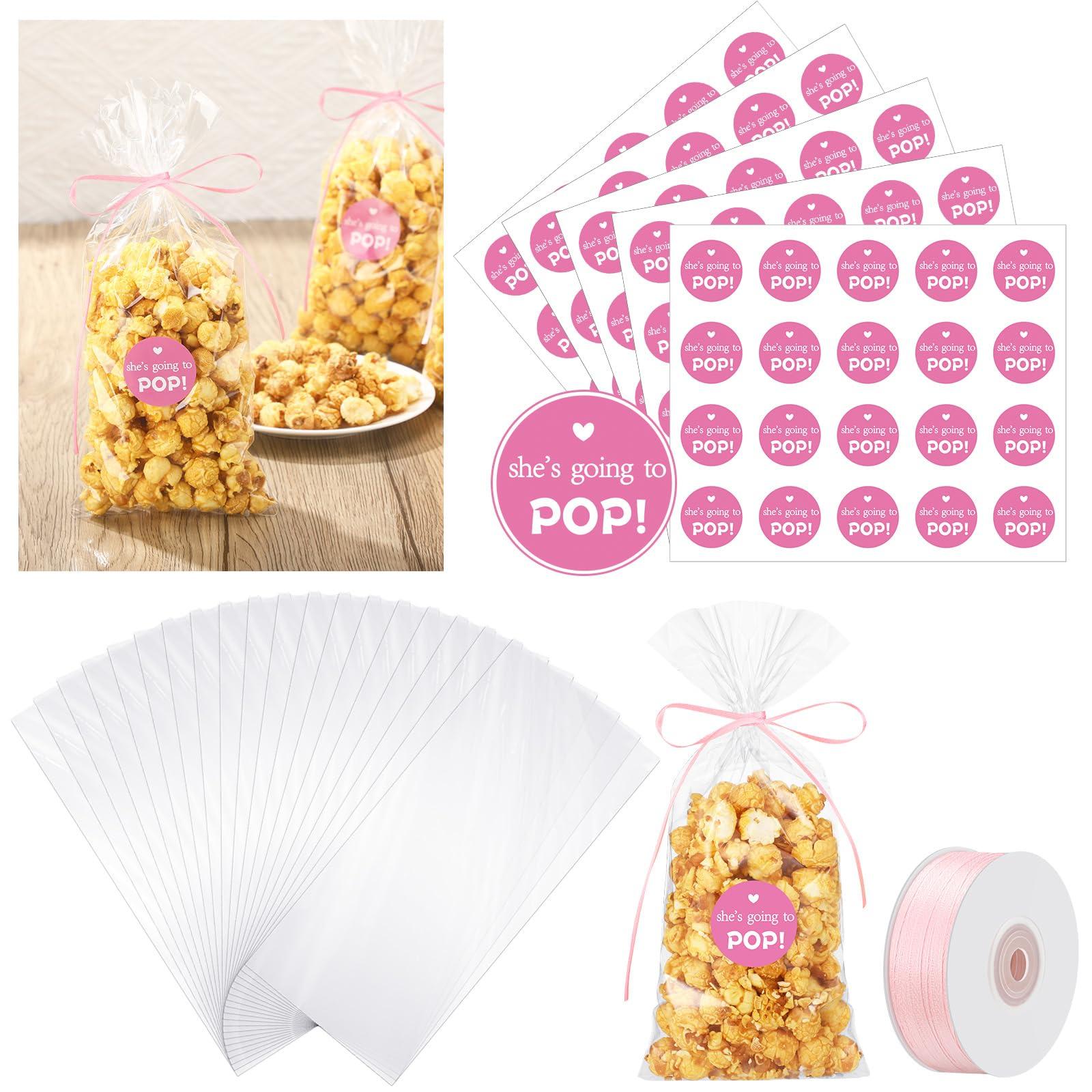 Menkxi Menkxi 100 Pack Clear Popcorn Bags Bulk 4.92 x 10.83 Inch Cellophane Treat Plastic Party Favors Bags with She Is Going to Pop Label and Ribbon for Gift Wrapping, Food Storage, Baby Shower Decor(Pink)
