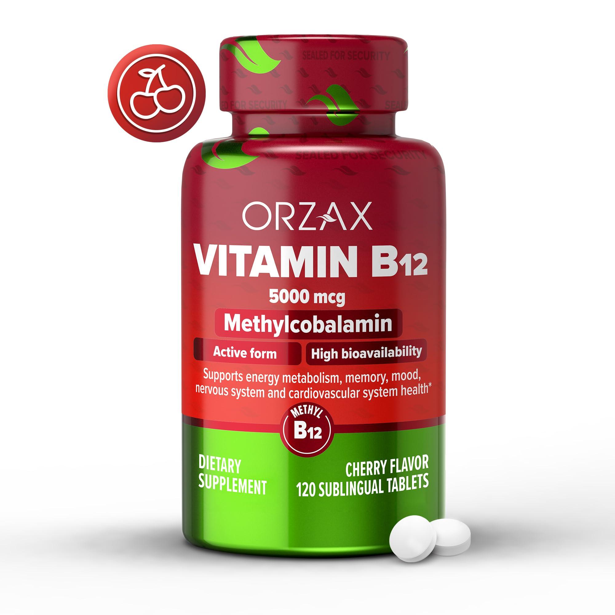 ORZAX ORZAX Vitamin B12 5000 mcg Methylcobalamin for Memory, Mood, Cardiovascular and Energy Supplement - Cherry Flavored - 120 Sublingual Tablets