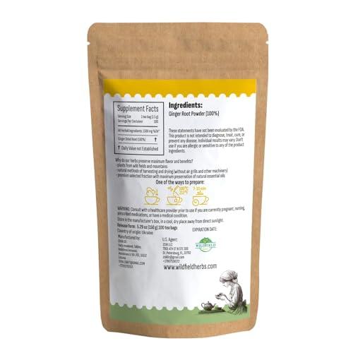 WILDFIELD HERBS 100 Ginger Tea Bags Ginger Root Tea Dry Dried Herb (Zingiber officinale) - 100 Count 1.5g Tea Bags Ginger Raz de jengibre