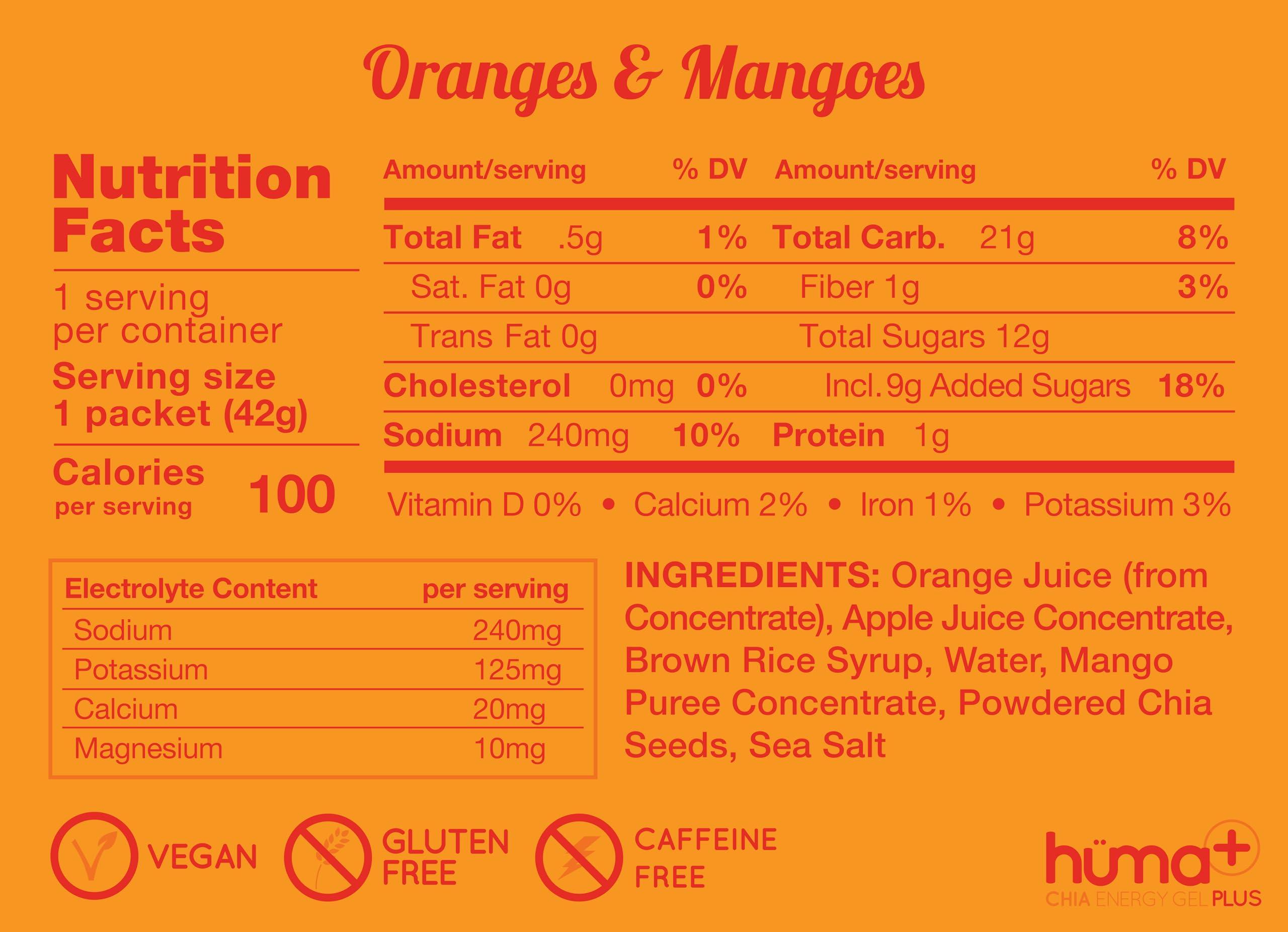HMA CHIA ENERGY GEL Huma Plus (Double Electrolytes) - Chia Energy Gel, Orange Mango, 24 Gels - Stomach Friendly, Real Food Energy Gels
