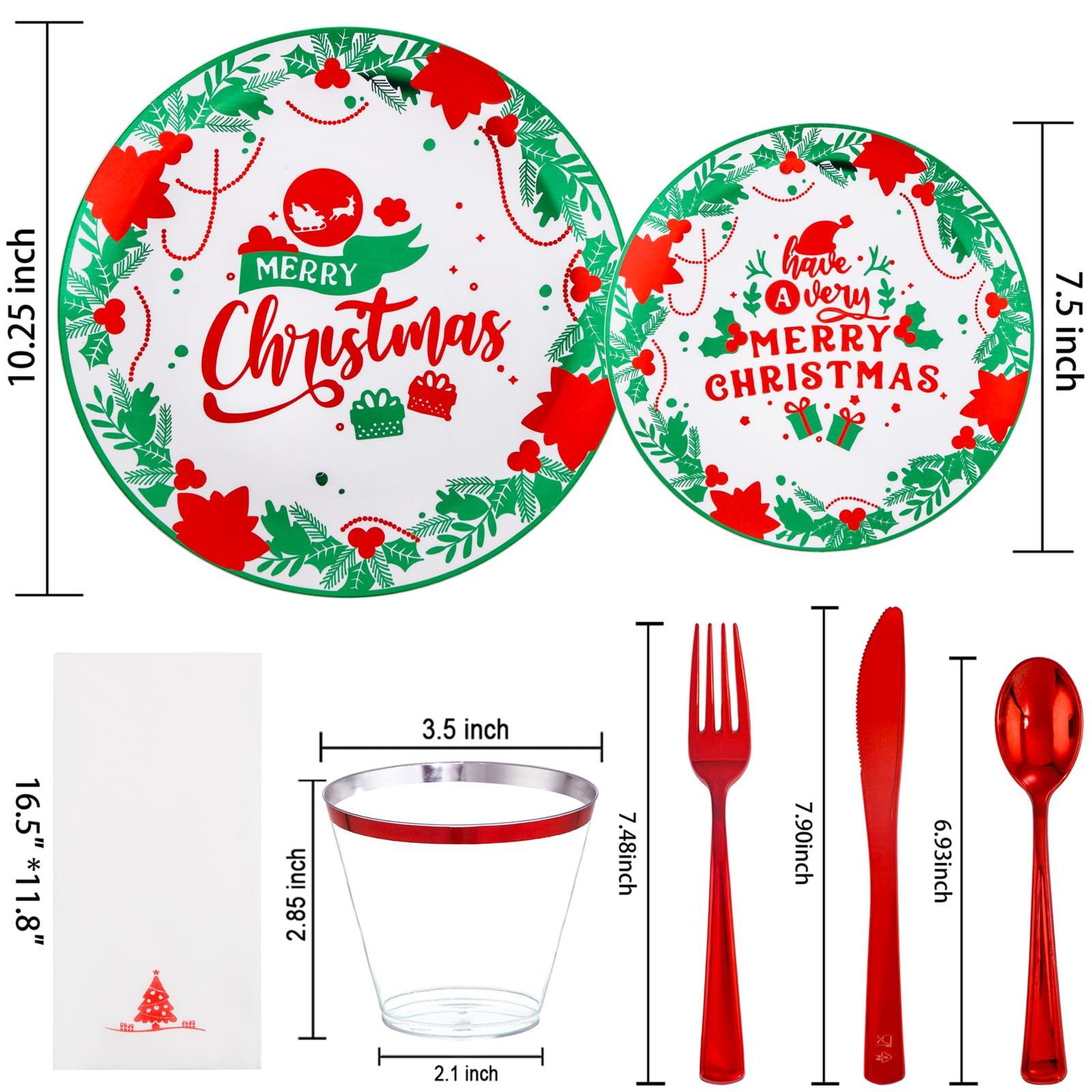 Liacere 175PCS Christmas plastic plates-White and Green Plates&Christmas Party Plates include 50 Christmas Plates 25 Cups 75 Plastic cutlery 25 Christmas Tree Napkins for Christmas
