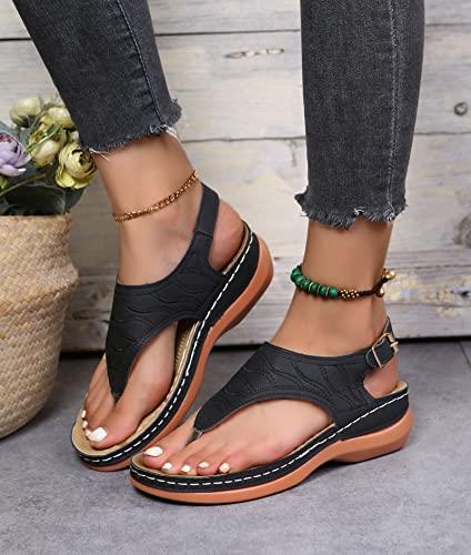 SZTEE Orthopedic Wedge Sandals for Women Plantar Fasciitis Sandals for Flat Feet Soft Footbed Arch-Support Sandals (Color : Black, Size : 6 US)