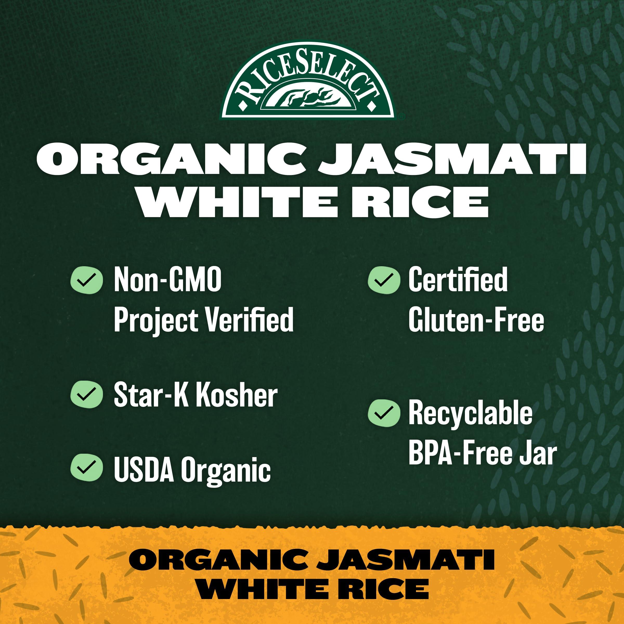 RiceSelect RiceSelect Organic Jasmati White Rice for Asian-Food-Inspired Recipes, Premium Non-GMO Gluten-Free Long-Grain Jasmine Rice, 32-Ounce Jar