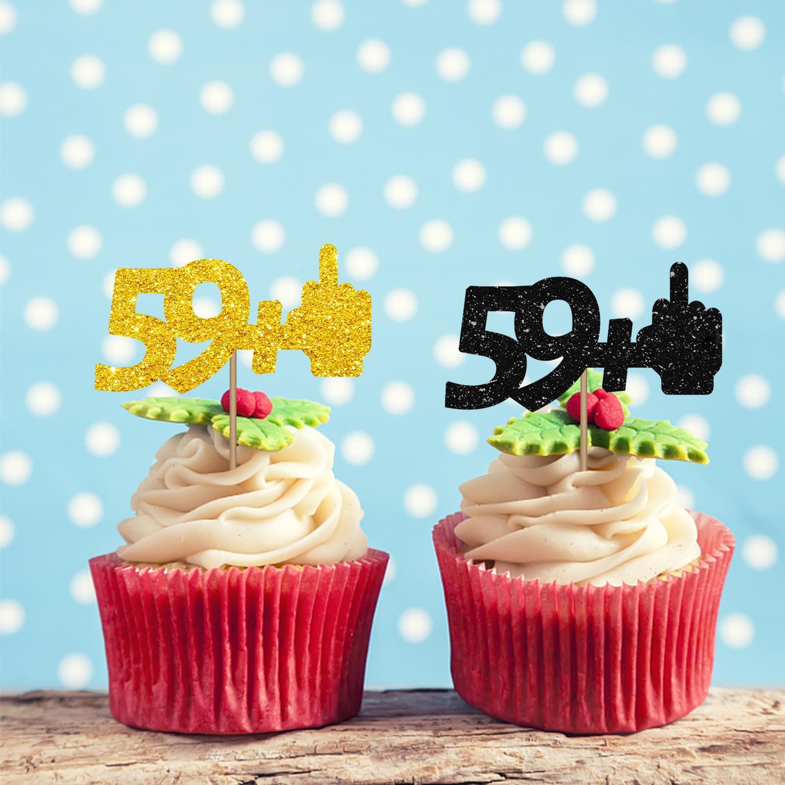 MINUET MINUTE 59+1 Cupcake Toppers, Middle Finger Happy 60th Birthday Cupcake Toppers, Happy 60th Anniversary Dessert Picks,Funny Cheers To 60 Years Old Birthday Party Decoration - Black & Gold Glitter