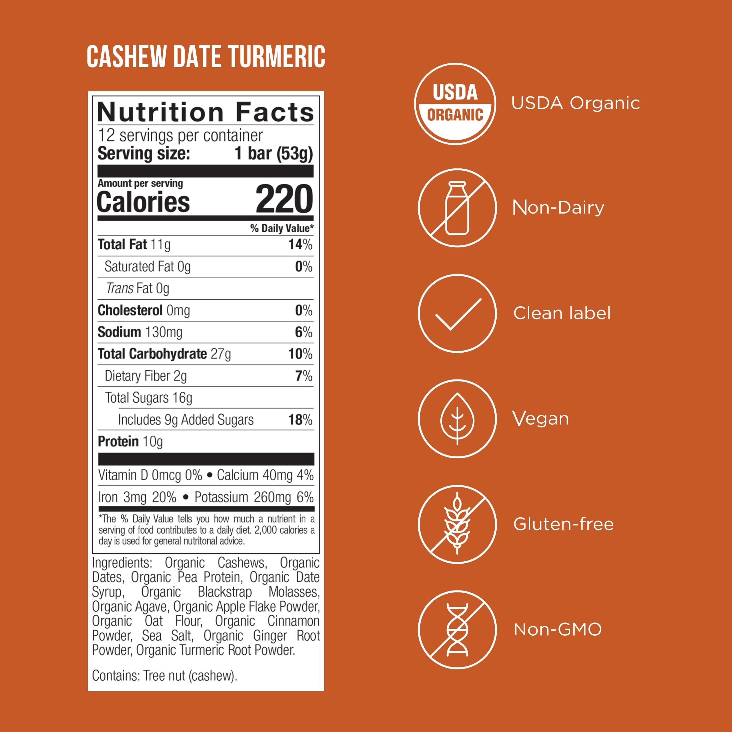 Possible POSSIBLE Snack Bar - Organic Energy Bars with 10g of Plant-Based Protein - Vegan, Gluten-Free, Non-Dairy, USDA Organic - Healthy Fats - Clean Label - 1 Box, 12 Servings - Cashew Date Turmeric