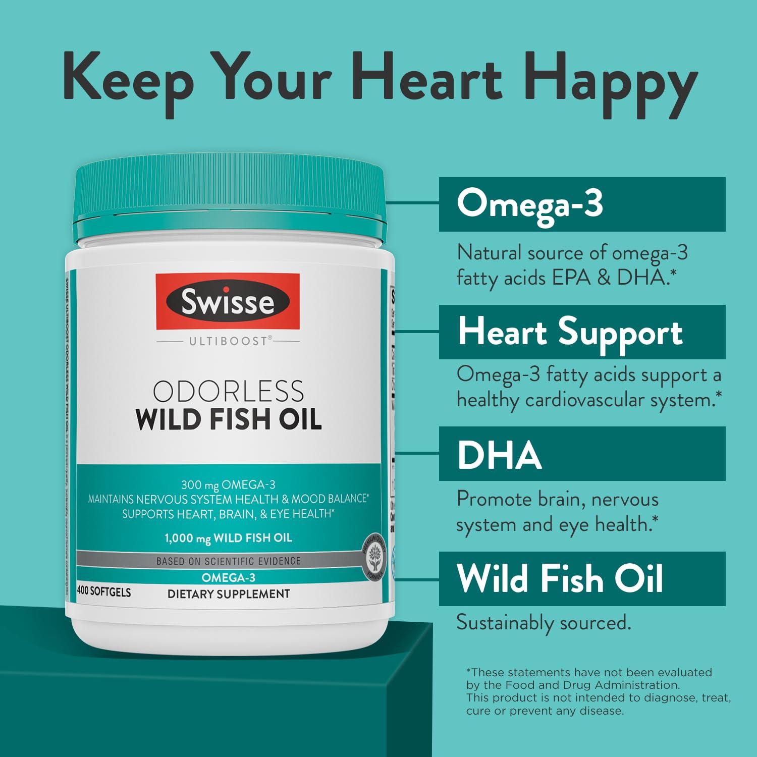 Swisse Swisse Omega 3 Fish Oil Supplement 1000mg | Heart, Brain & Eye Health Omega-3 DHA & EPA | Sustainably Sourced Essential Fatty Acids | Promotes Nervous System Health & Mood Balance | 400 Softgels