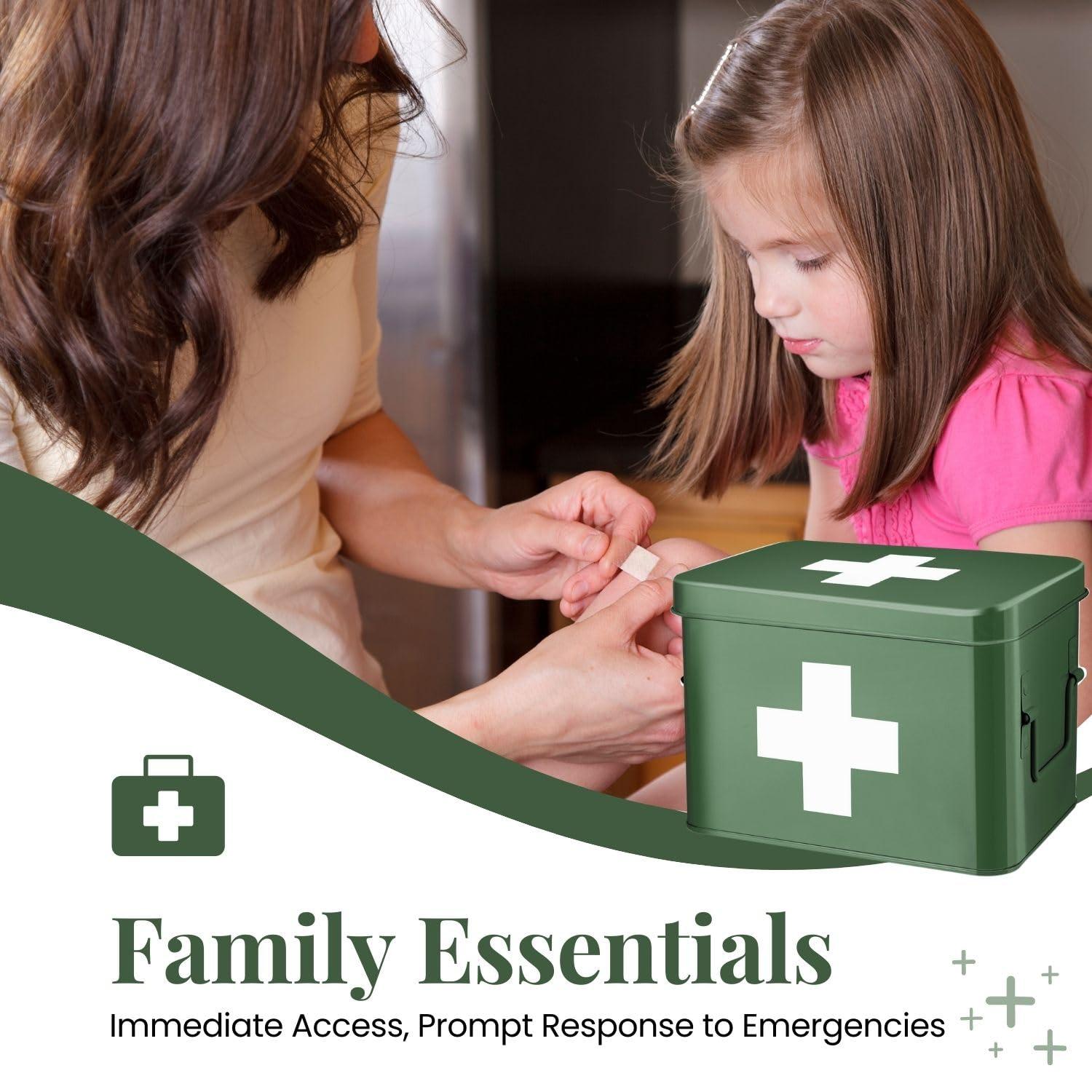 Flexzion Flexzion First Aid Box Organizer, Empty 8.5 Inch Green Vintage First Aid Kit Tin Metal Medical Box First Aid Storage Box Container Bins with Dividers, Removable Tray and Cross Logo