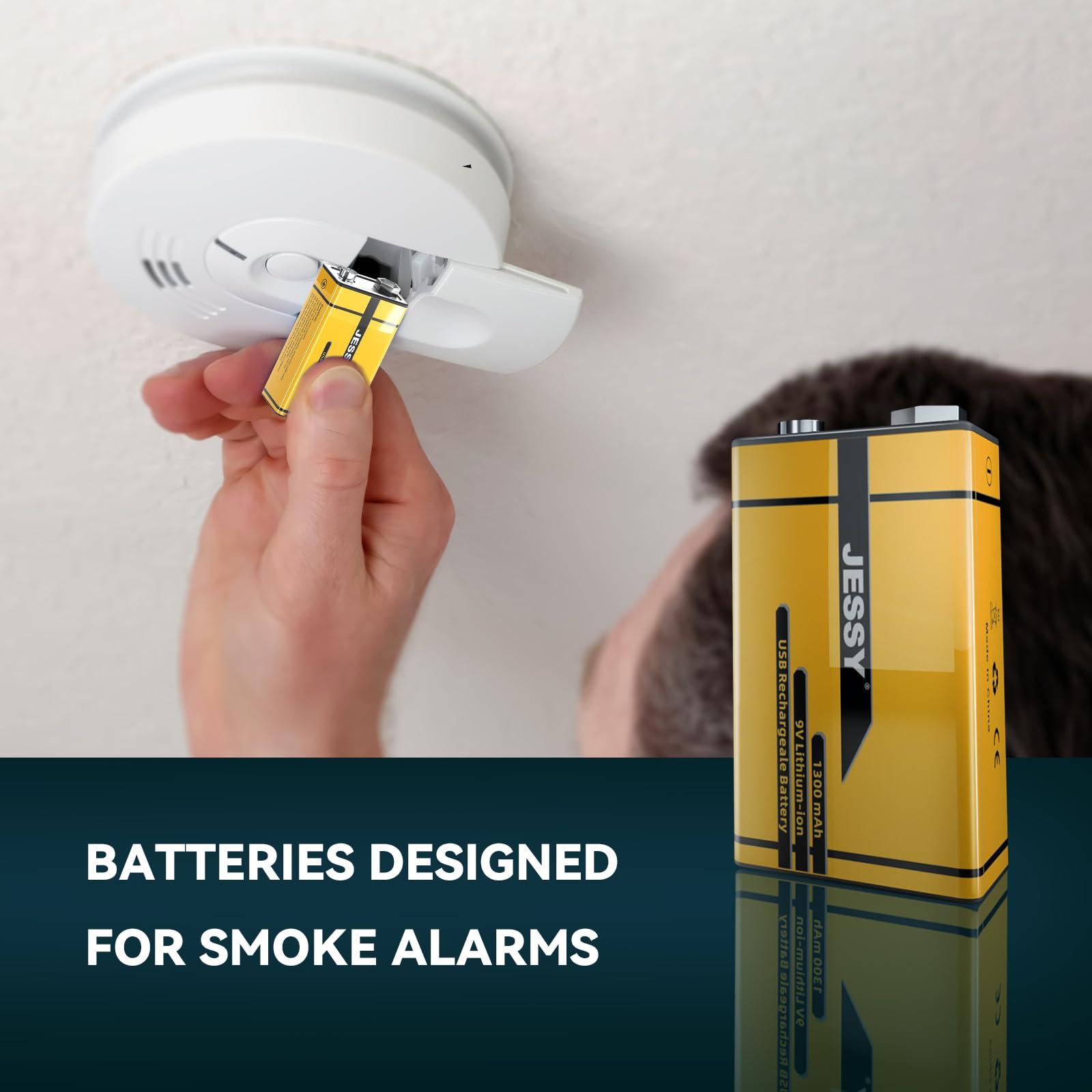 JESSY 8 Pack 9V Rechargeable Batteries USB Rechargeable, 1300mAh Long Lasting Lithium Batteries, USB-C Recharge with 4 in 1 Charging Cable for Smoke Alarms Detectors, Microphones, Alarms, Electric Guitar