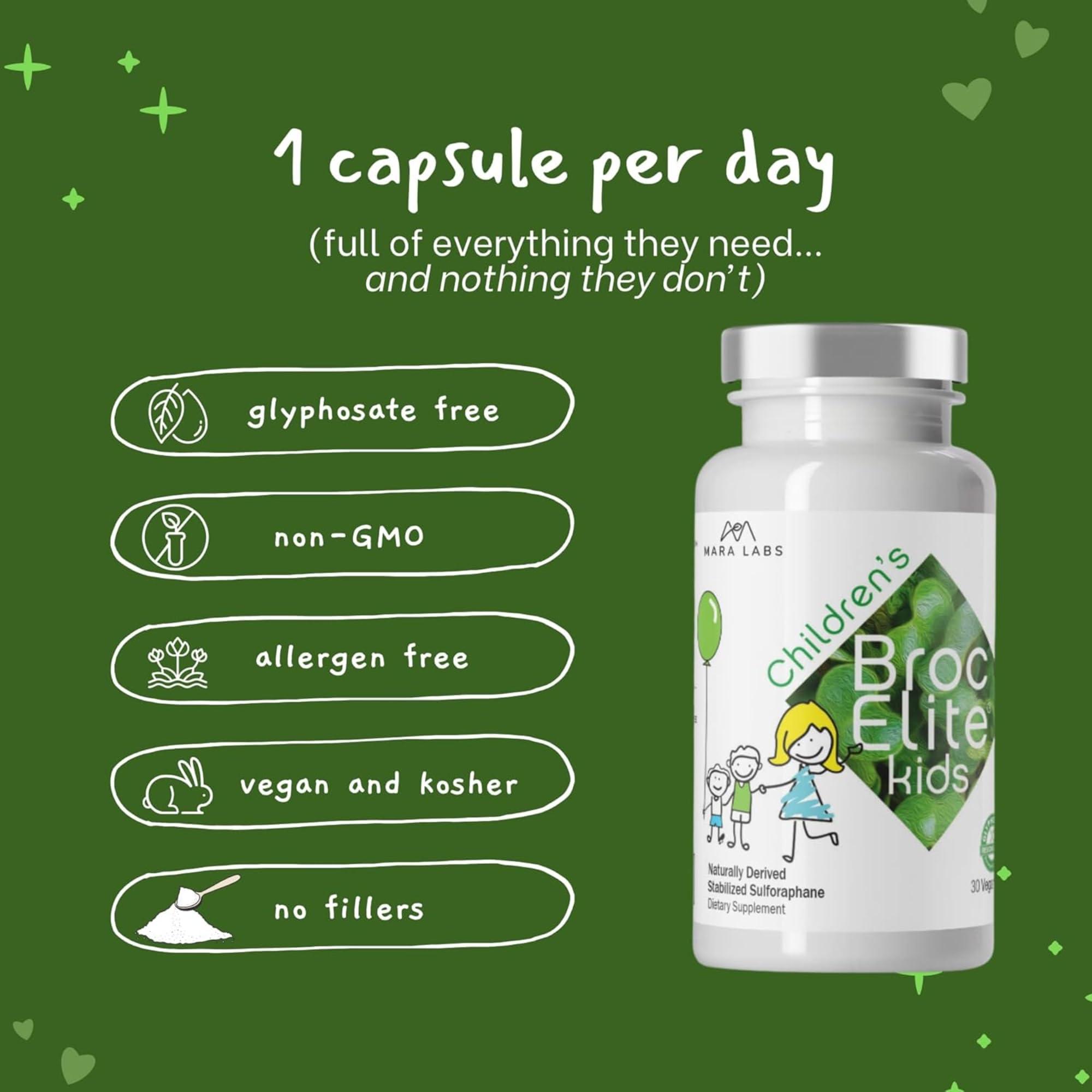 BrocElite Mara Labs Broc Elite Kids | Broccoli Supplement w/Naturally Stabilized Sulforaphane Extract for Children | No Glyphosate Residue | 60 Count