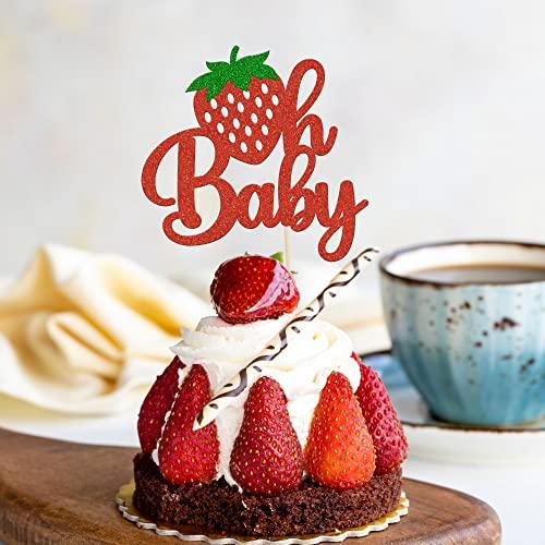 Gyufise 1Pc Strawberry Oh Baby Cake Topper Red Glitter Babyshower Strawberry Cake Pick Decoration for Sweet Fruit Theme Baby Shower Kids Birthday Party Supplies